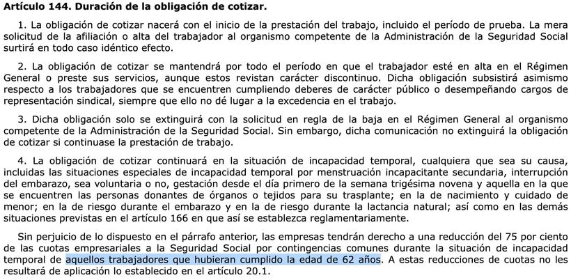 Artículo 144 de la Ley General de la Seguridad Social