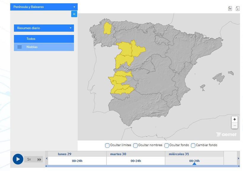 mapa de avisos por niebla en aemet