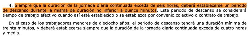 Extracto del artículo 34.4 del Estatuto de los Trabajadores que regula el descanso mínimo de 15 minutos en jornadas continuadas superiores a seis horas.