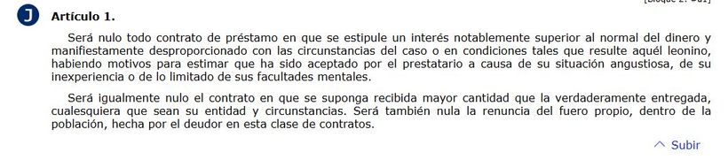 captura del articulo de la ley de represion por usura en el boe