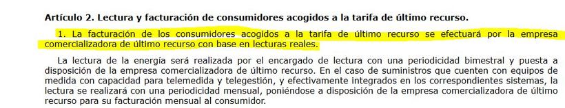 captura del articulo del decreto sobre la lectura en facturas de energía