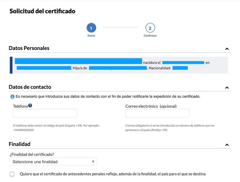 Pestalla para rellenar los datos personales en el certificado de antecedentes