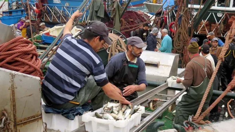 Varios pescadores en un barco en el puerto de Dajla, en el Sahara Occidental