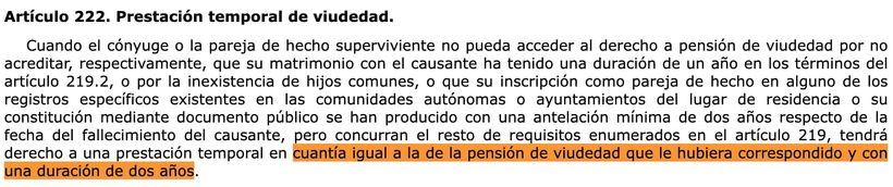 Prestación Temporal de Viudedad articulo 222 Ley General Seguridad Social