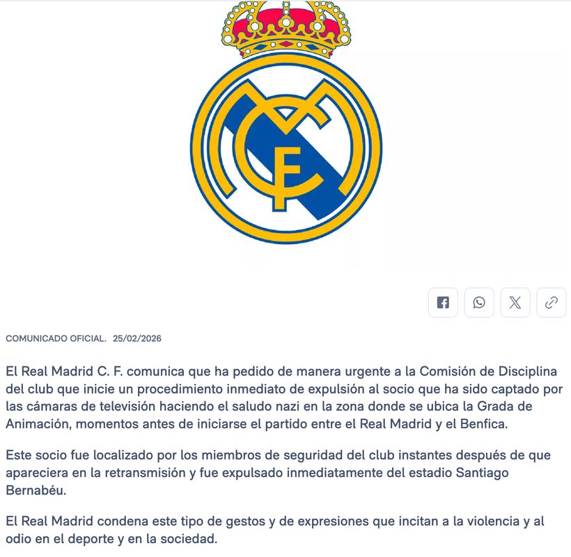Comunicado oficial del club del Real Madrid.