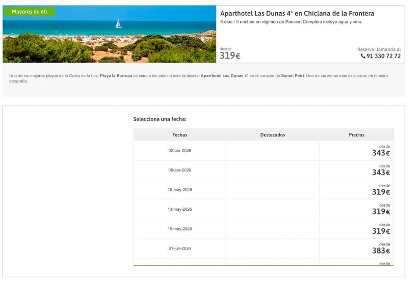 Captura de pantalla con las tarifas de El Corte Inglés