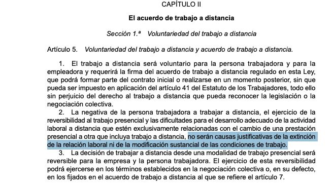 Artículo 5 de la Ley de trabajo a distancia- BOE.