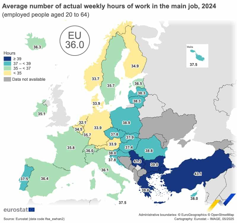 Mapa de la jornada laboral en Europa