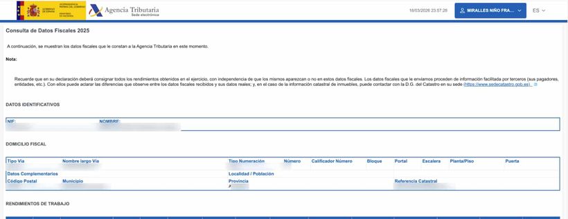 Ejemplo del informe de datos fiscales