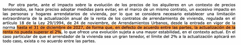 Captura del Real Decreto-ley 8/2026, de 20 de marzo que impide la subida del precio del alquiler más del 2%