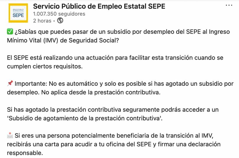 El SEPE informa de la posibilidad de cobrar el Ingreso Mínimo Vital tras agotar el subsidio por desempleo