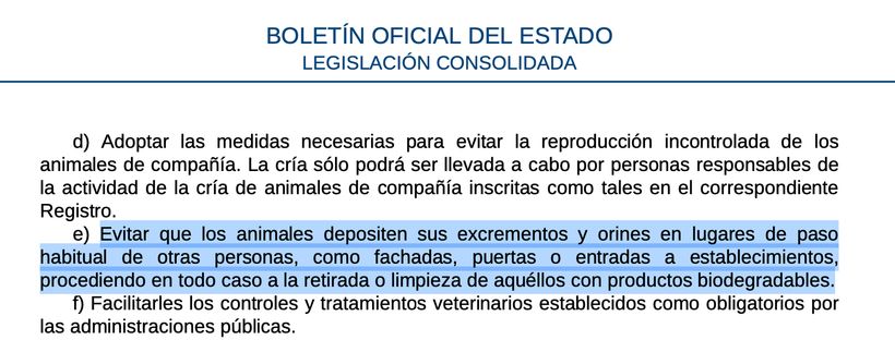 Captura de pantalla del art.26.e de la Ley de Bienestar Animal- BOE.