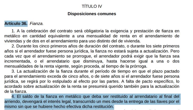 Captura de pantalla del art.36.4 de la Ley de Arrendamiento Urbano- BOE.
