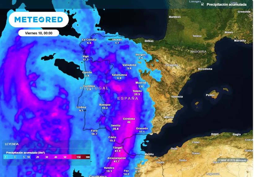 Captura de pantalla del pronóstico de Meteored. Las precipitaciones más cuantiosas se concentrarán en puntos de Andalucía y en el norte de Cáceres.- METEORED.