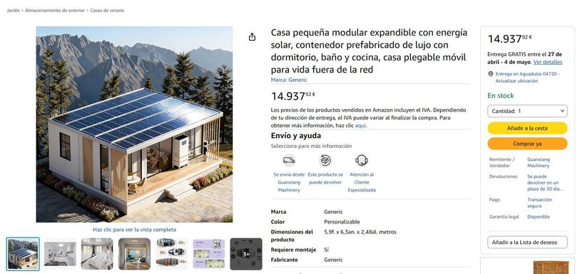 Anuncio de la casa prefabricada en la web de Amazon
