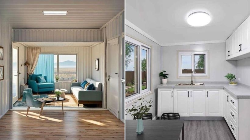 Salón y cocina de la casa prefabricada