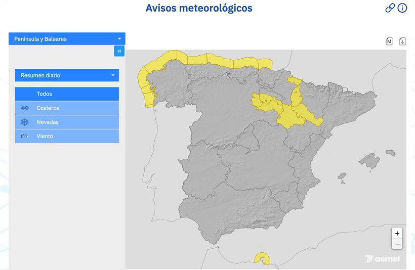 Captura de pantalla de los avisos de la AEMET para el sábado 11 de abril- AEMET