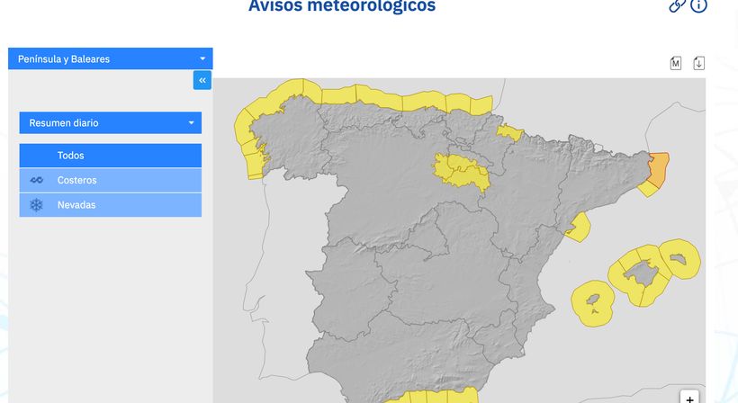 Captura de pantalla del aviso naranja y amarillo de Aemet para el domingo-AEMET.