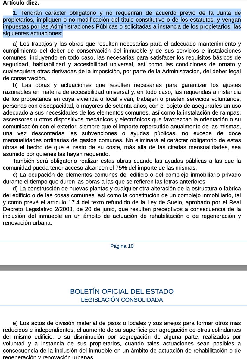 Captura de pantalla del art.10 de la Ley de Propiedad Horizontal.