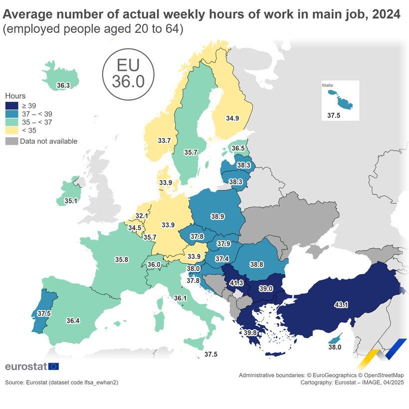Mapa de Eurostat con las horas semanales reales trabajadas en el empleo principal en la Unión Europea en 2024