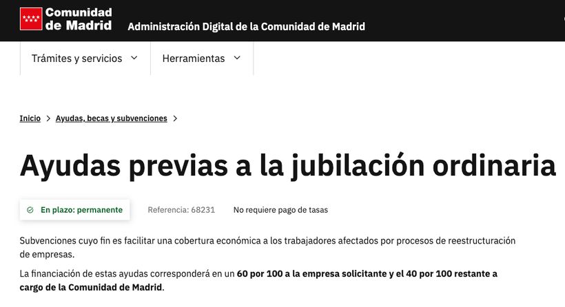Captura de pantalla de la ayuda "en plazo" previas a la jubilación ordinaria- Comunidad de Madrid- Página web.