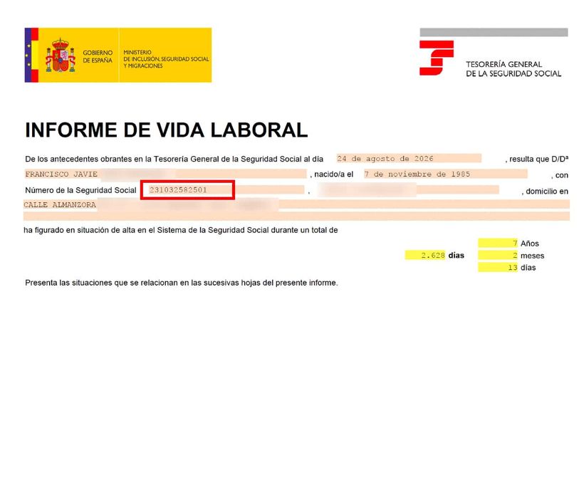 Número de la Seguridad Social en la vida laboral