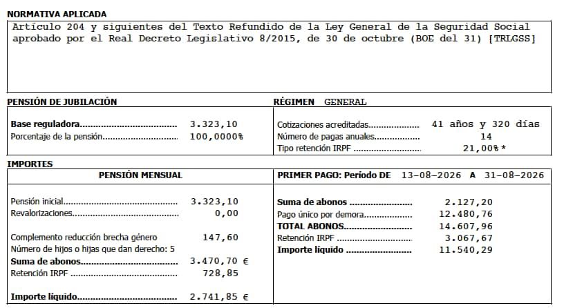 Resultado de la pensión de jubilación de Maria Dolores Miralles García