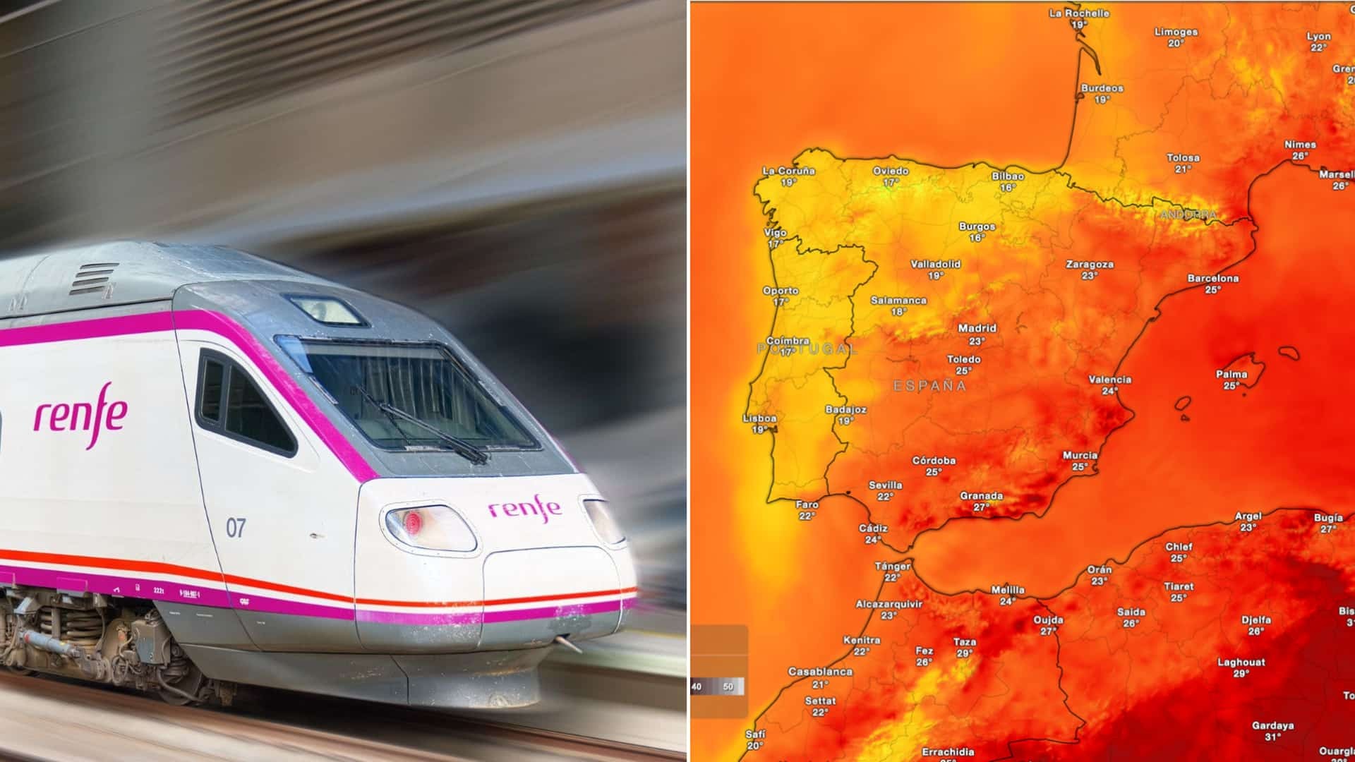 Un tren de Renfe y el mapa con la ola de calor avisada por la AEMET