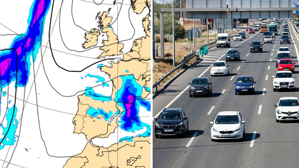 Mapa de lluvias en España y una carretera con el tráfico saturado