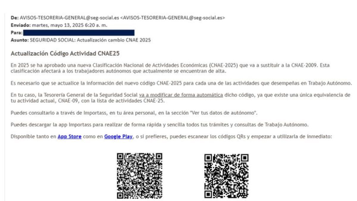 Pantallazo del correo electrónico que está mandando la Seguridad Social Pantallazo del correo electrónico que está mandando la Seguridad Social