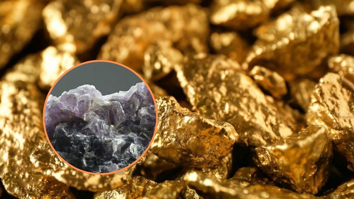 Oro dorado con una imagen del mineral de litio. oro y litio