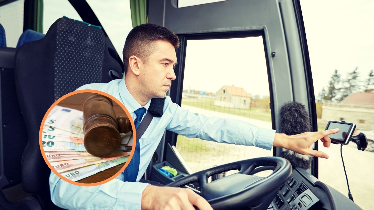 Un conductor de autobús, con recuadro de un mazo con dinero Un conductor de autobús, con recuadro de un mazo con dinero