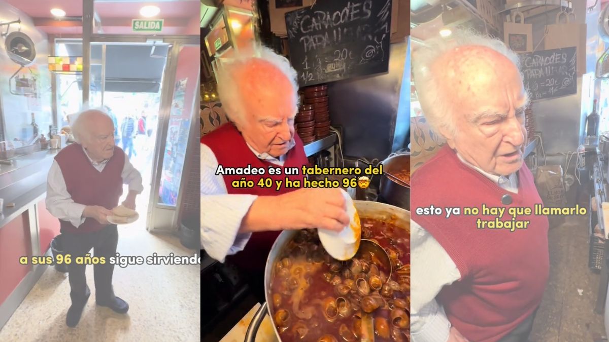 Amadeo en su taberna en varios momentos del vídeo de Tiktok. Amadeo cocinando caracoles