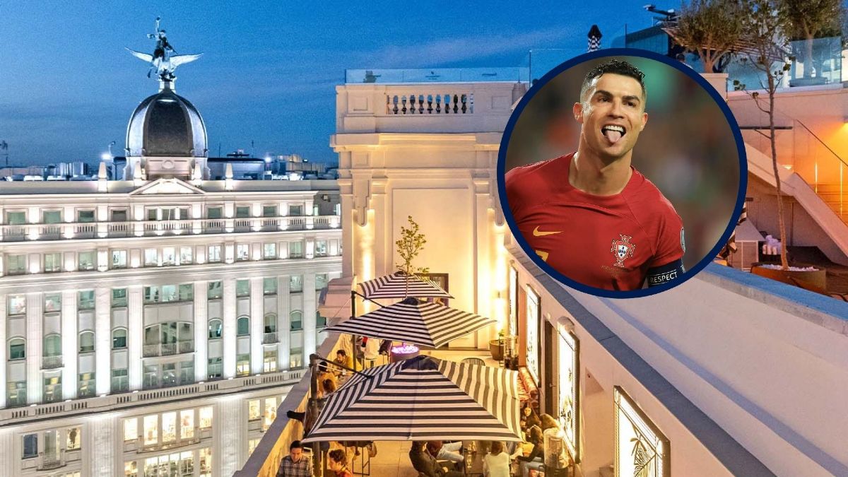 Terraza del hotel Pestana CR7 de Gran Vía con recorte de Cristiano Ronaldo Terraza del hotel Pestana CR7 de Gran Vía con recorte de Cristiano Ronaldo