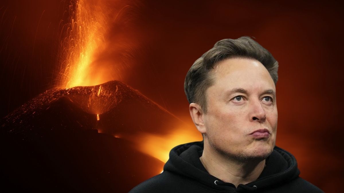 Elon Musk con billetes de dólares y un volcán