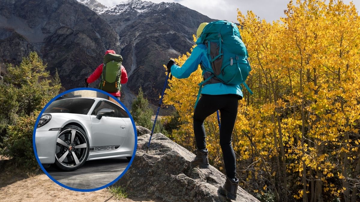 Un anciano de 84 años pierde su Porsche en medio de la montaña: el GPS le había llevado por la ruta equivocada y estaba desorientado Dos senderistas con la imagen de un porsche