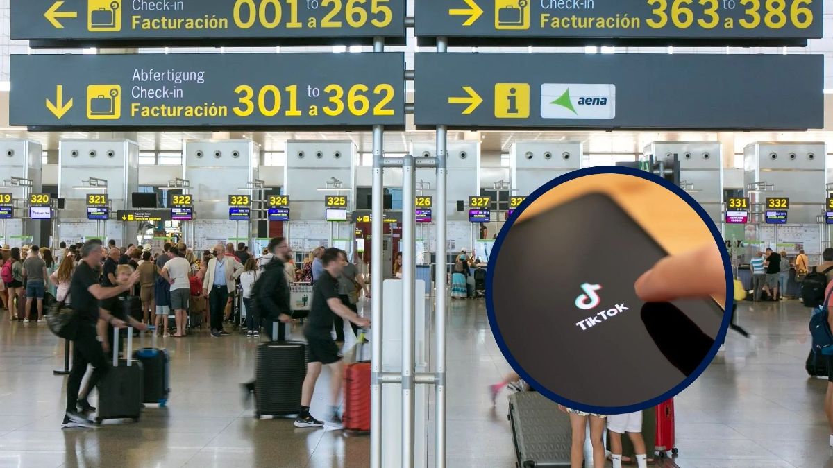Un aeropuerto con recuadro del logo de TikTok en el móvil Un aeropuerto con recuadro del logo de TikTok en el móvil