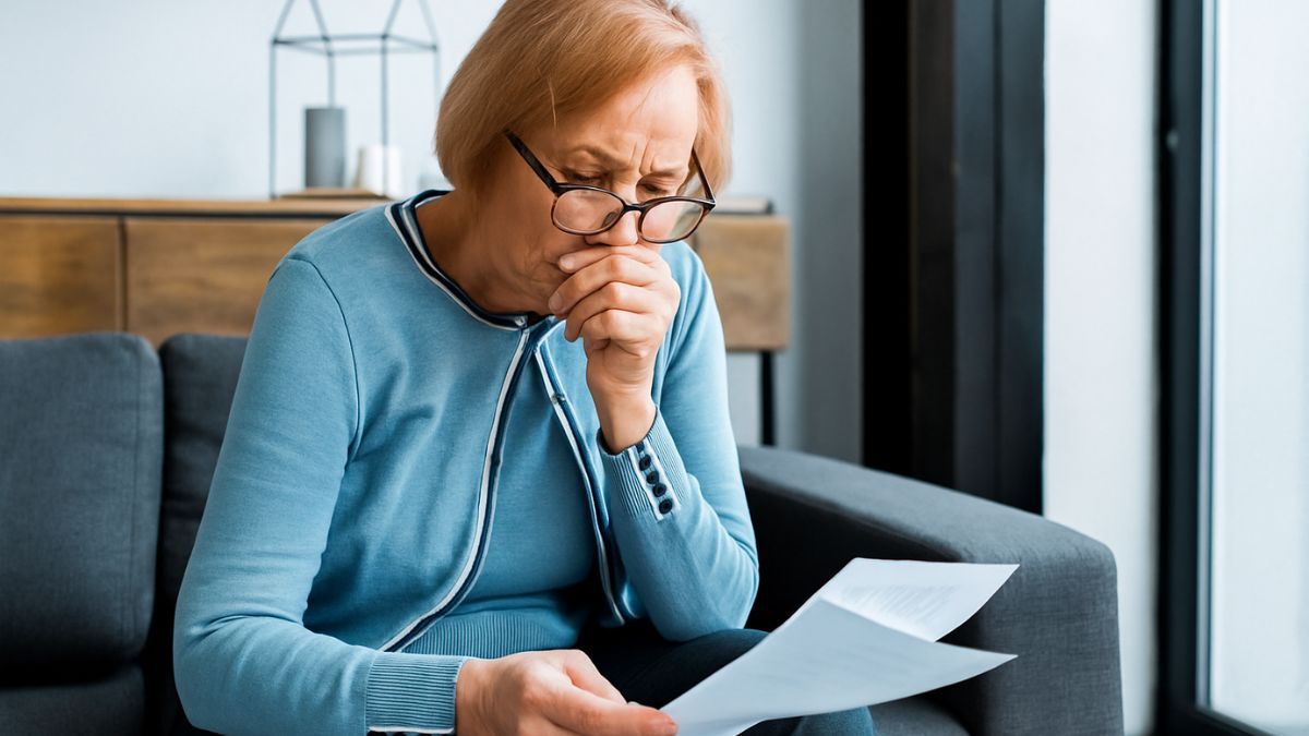 Mujer preocupada leyendo documento Mujer preocupada leyendo documento