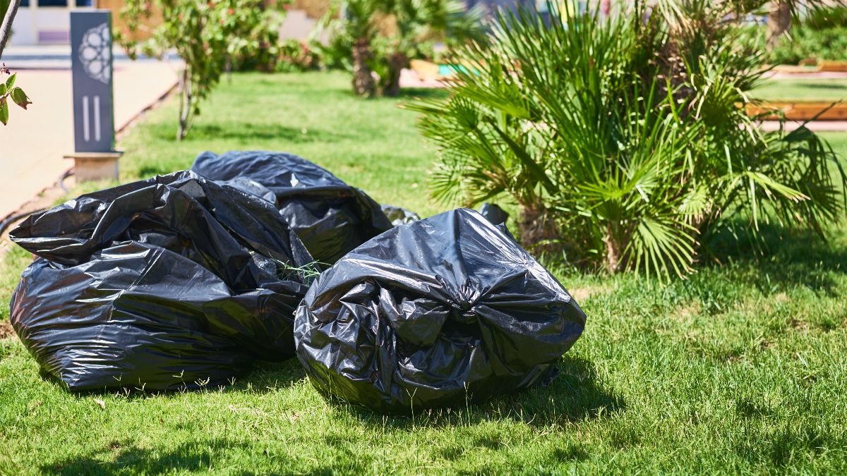 Bolsas de basura en un jardín Bolsas de basura en un jardín