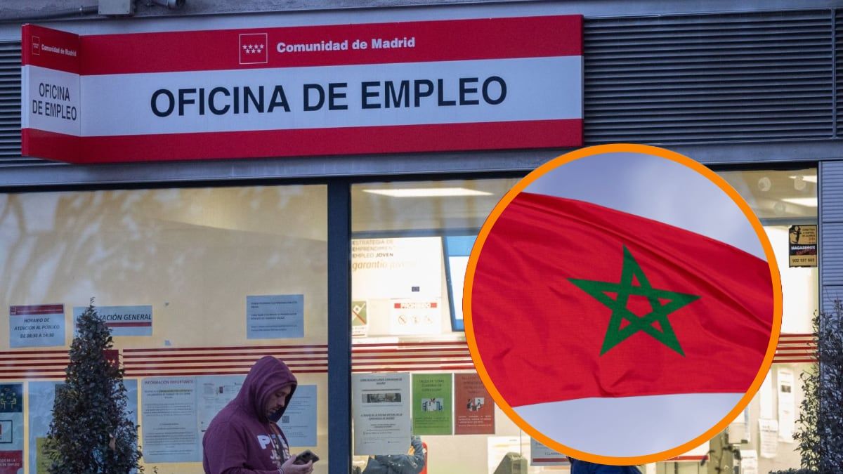 Una oficina del SEPE y la bandera de Marruecos Una oficina del SEPE y la bandera de Marruecos