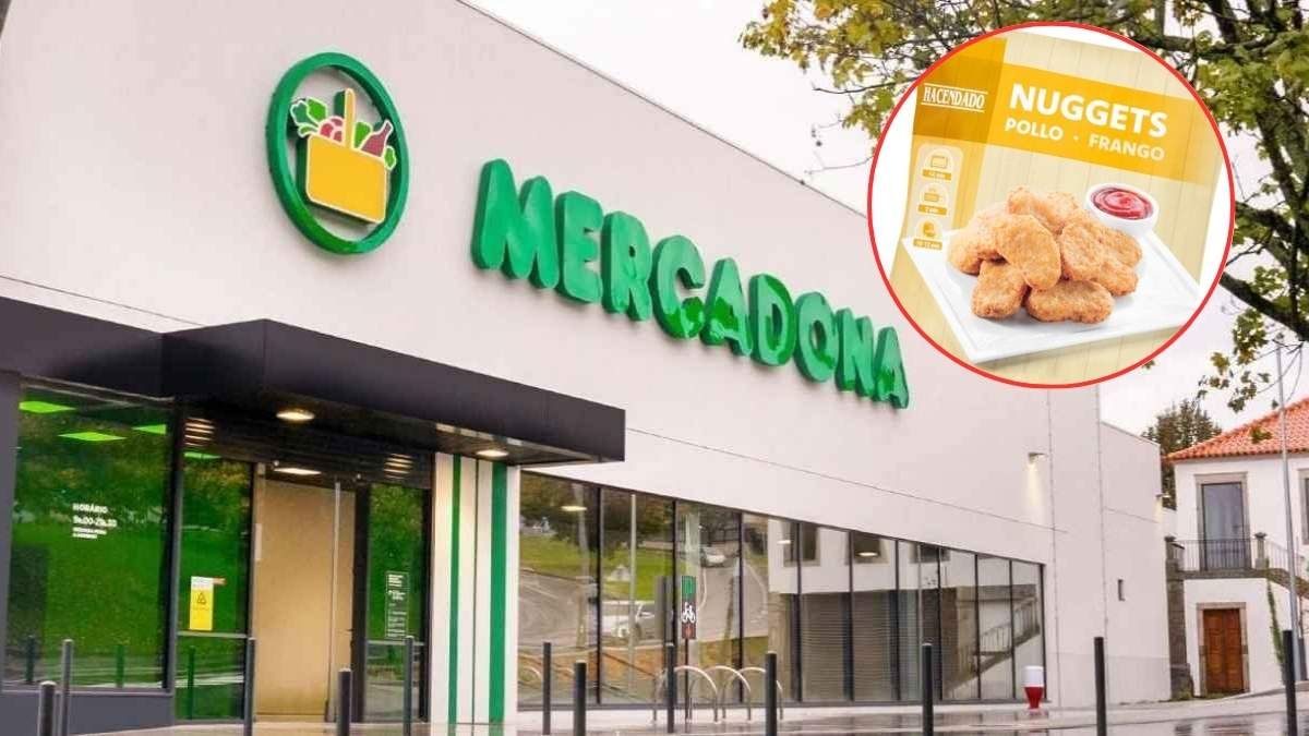 La fachada de Mercadona y un paquete de nuggets de pollo La fachada de Mercadona y un paquete de nuggets de pollo