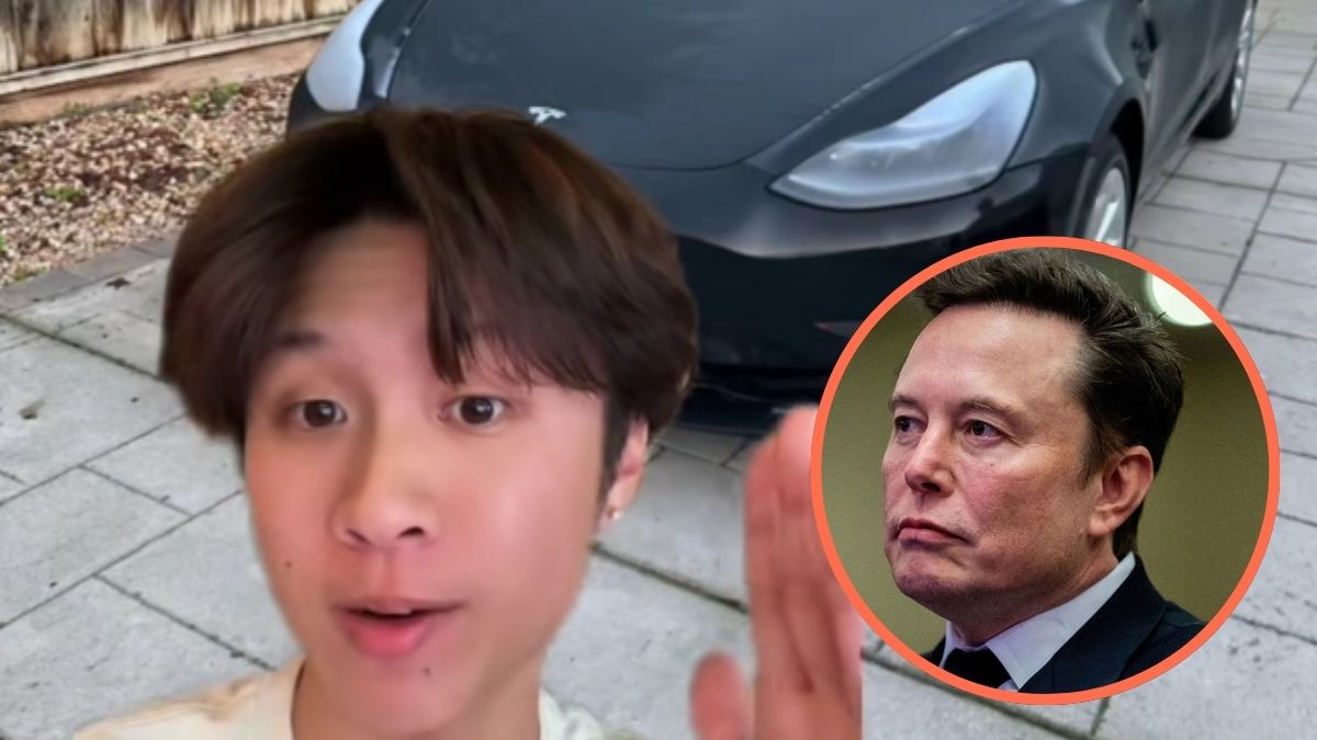 El creador de contenido junto a un Tesla y Elon Musk