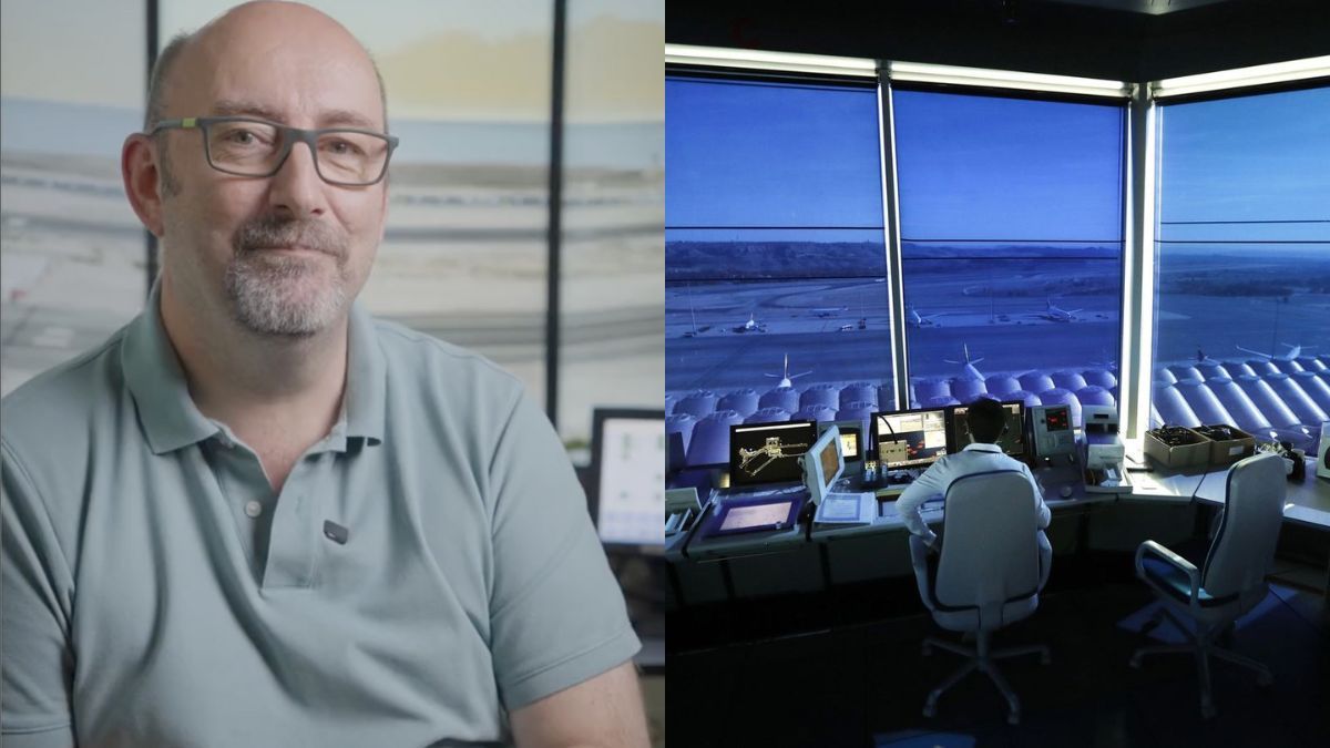 Un hombre entrevistado por Stc Training, con un controlador aéreo trabajando