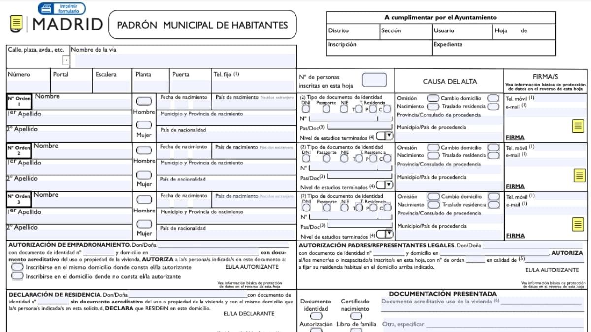 Documento de empadronamiento del Ayuntamiento de Madrid 