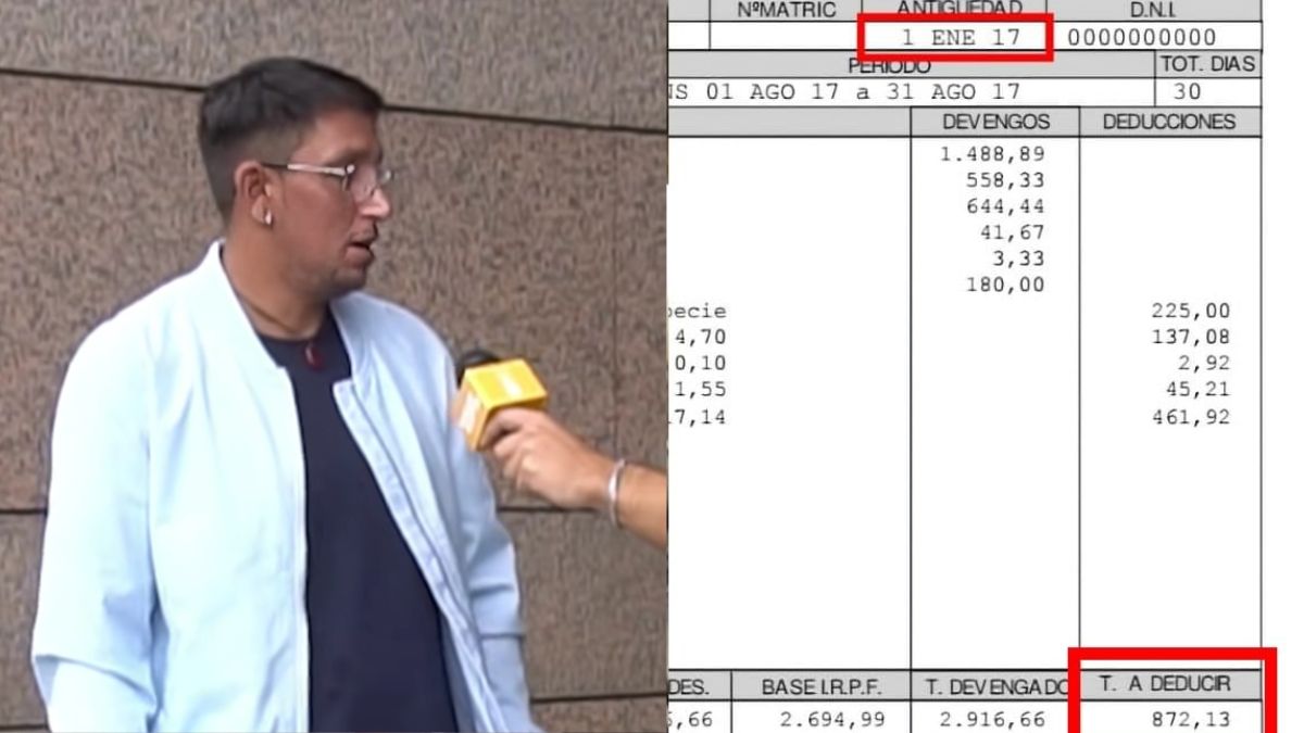 El albañil entrevistado junto a una captura de pantalla de una nómina