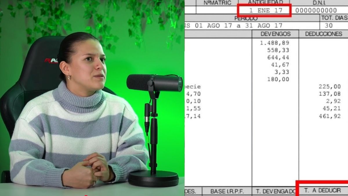 La protagonista del podcast junto a una nómina