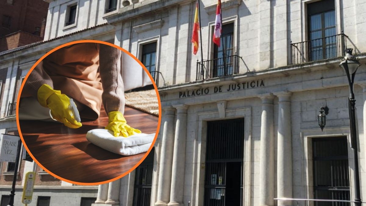 Mujer de la limpieza arrodillada junto a fachada Tribunal Superior de Justicia Galicia