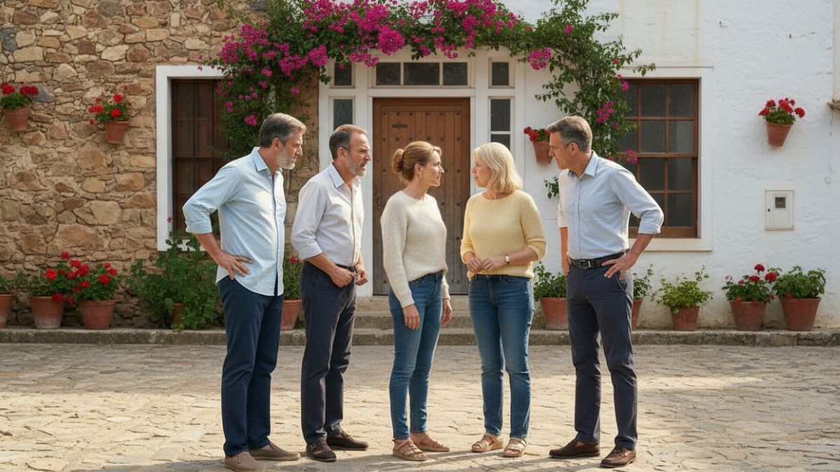 Un grupo de hermanos en el exterior de una vivienda