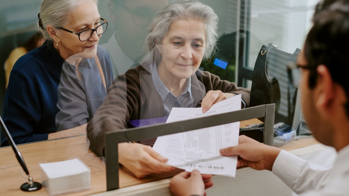 Dos mujeres presentando documentos en una administración