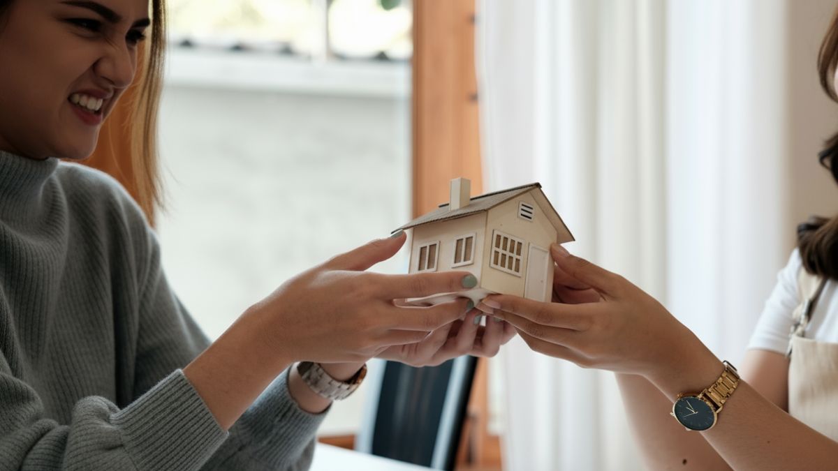 Dos mujeres forcejeando por la figura de una casa